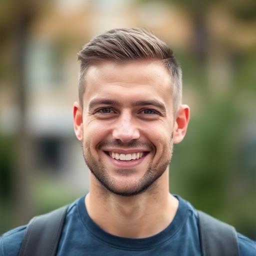 Casual man outdoors smiling with a neat french crop haircut.