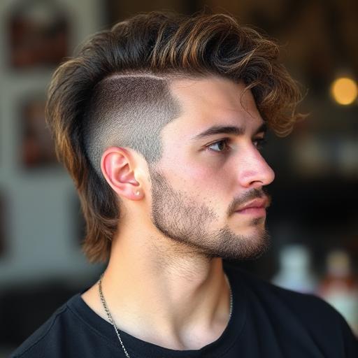 Curly hair styled into modern mullet fade”