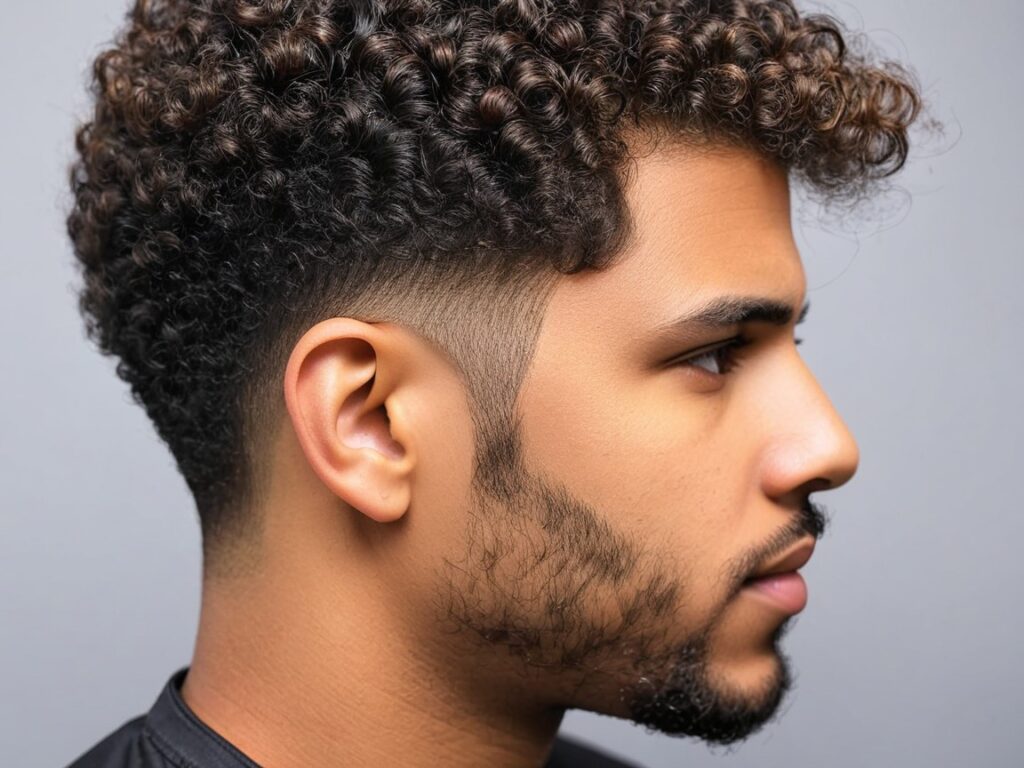 curly hair close-up showing fresh low taper fade on the sides