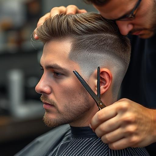 Barber finishing a low fade haircut with scissors