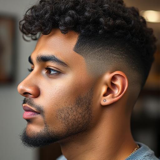 Close-up of curly hair with a low fade haircut