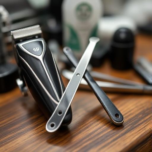 Barber’s workstation with clippers, guards, and a straight razor ready for taper fade haircut.