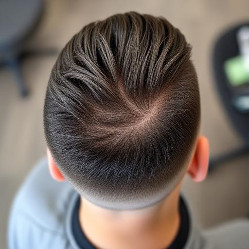 Top-down shot of textured hair with a mid taper fade.