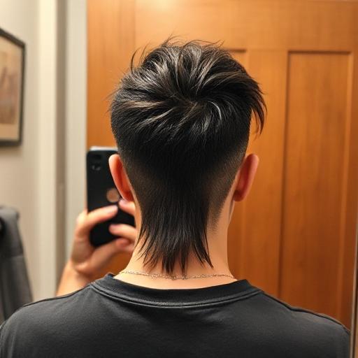 Rear view of shaped mullet with clean fade”