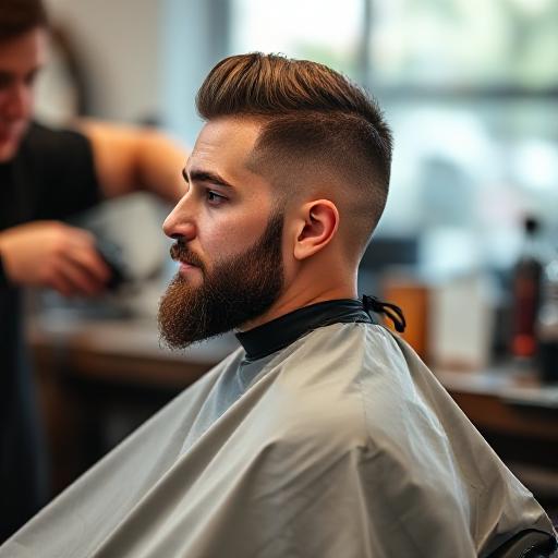 man discussing haircut idea with barber using one phot
