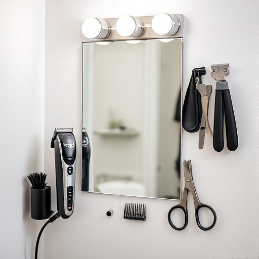 Home haircut setup with clippers and mirror. Alt: Home haircut setup with clippers, mirror, and scissors.]