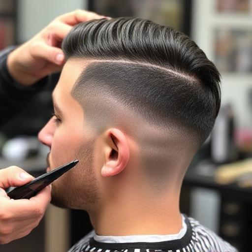 : Barber carefully blending the sides during a taper haircut