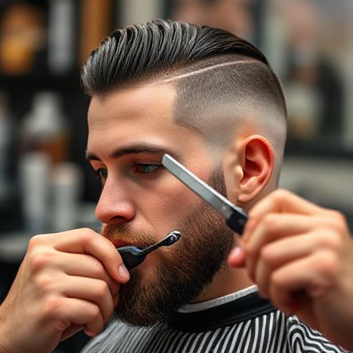 Barber using a straight razor to clean up edges on taper fade haircut.