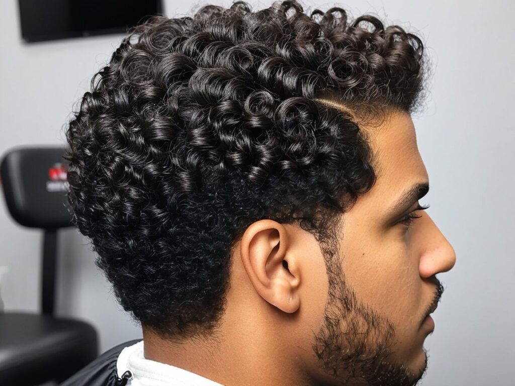 side shot of low taper fade under curly blowout