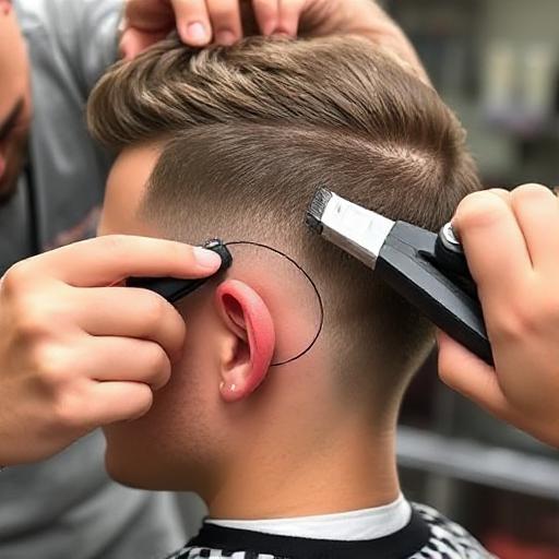  Barber clipping the burst fade around a client’s ear. Alt: Barber using clippers to create the burst fade outline around a client’s ear
