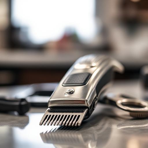 Close-up of barber tools on a counter. Alt: Clippers and comb resting on a barbershop counter.