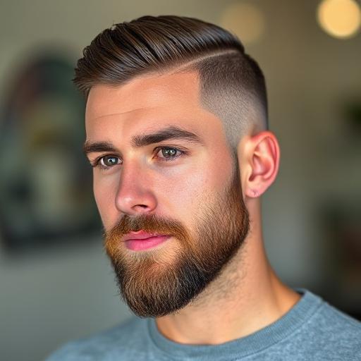 professional man with low skin fade and trimmed beard in an office setting