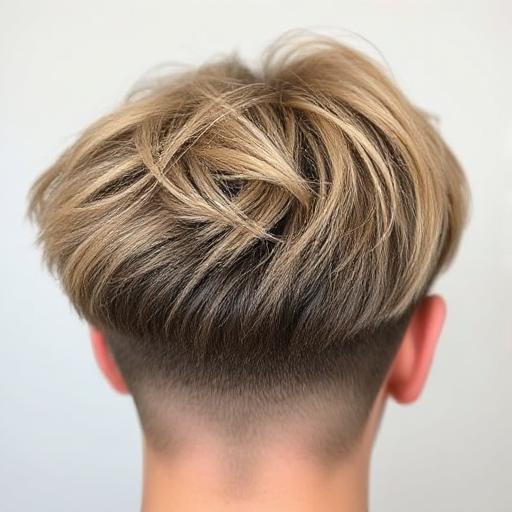 Close-up image showing the textured top of a blowout taper hairstyle
