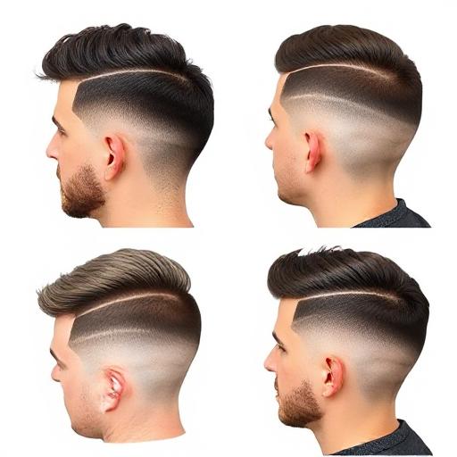 Different mid taper fade haircuts featuring line-ups and hair designs.