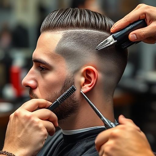 Barber shaping a blowout taper haircut with clippers and scissors
