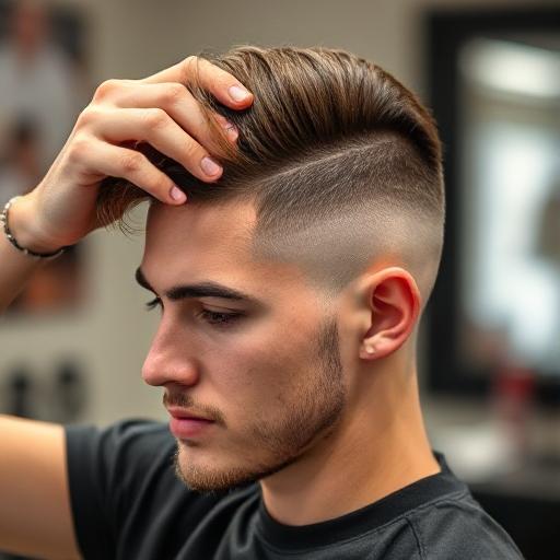 Man using hands to style textured hair on top after getting a taper fade.