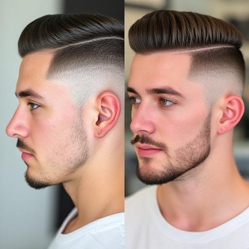 Side-by-side of low fade and high fade haircut