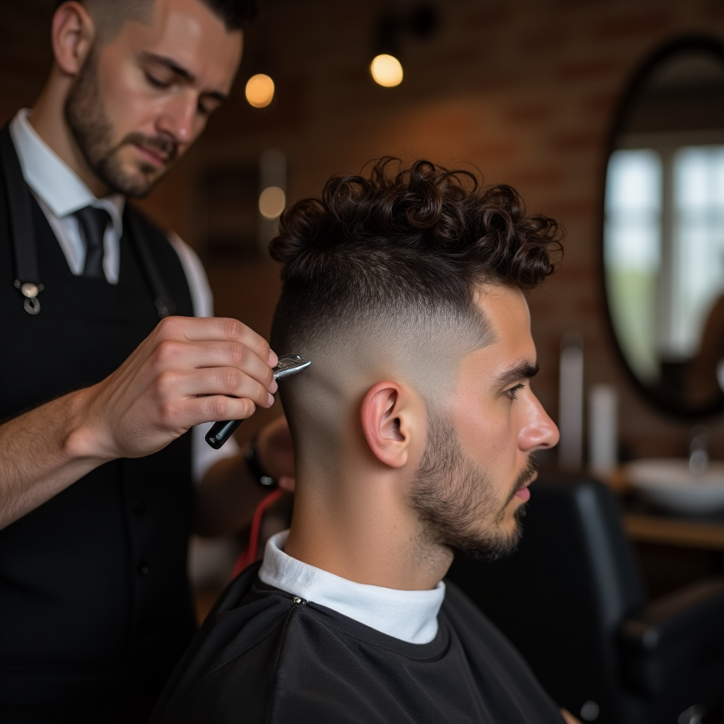 barber giving a curly-haired client a precise low taper fade