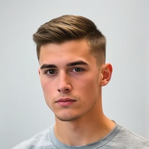 Young man with an oval face shape wearing a neatly styled french crop haircut.
