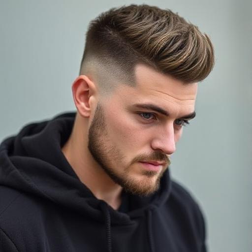  Young man with thick hair sporting a burst fade and textured crop. Alt: Young man with thick hair styled with a burst fade and textured crop