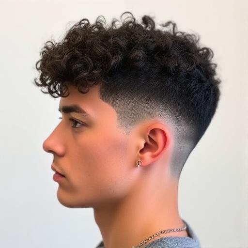 Curly hair styled with a low taper fade haircut