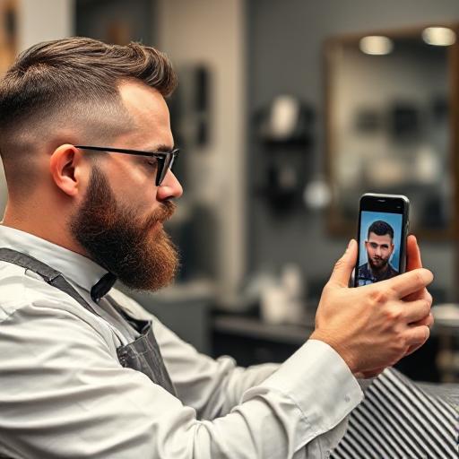 Barber consulting with client about fade haircut styles using smartphone photos.
