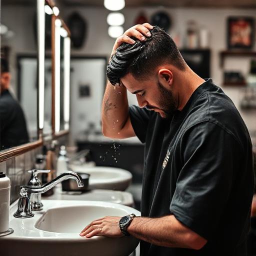 Man rinsing hair at a barber shop sink after a haircut.