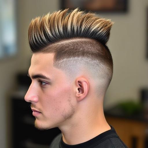 Man with a mohawk haircut and burst fade around the ears. Alt: Man with a mohawk haircut featuring a burst fade around the ear