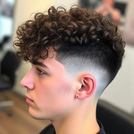Close-up of a curly-haired man with a clean taper fade haircut.
