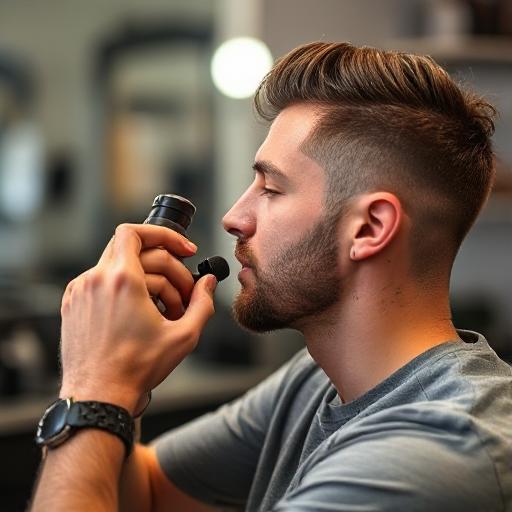 Man applying product to style low taper haircut