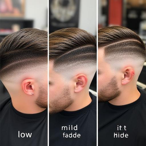 Comparison of low fade, mid taper fade, and high fade hairstyles on men.