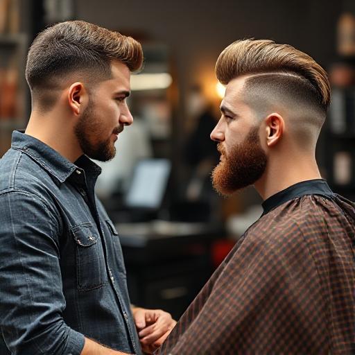 Client discussing haircut with barber while showing a picture of taper fade hairstyle.