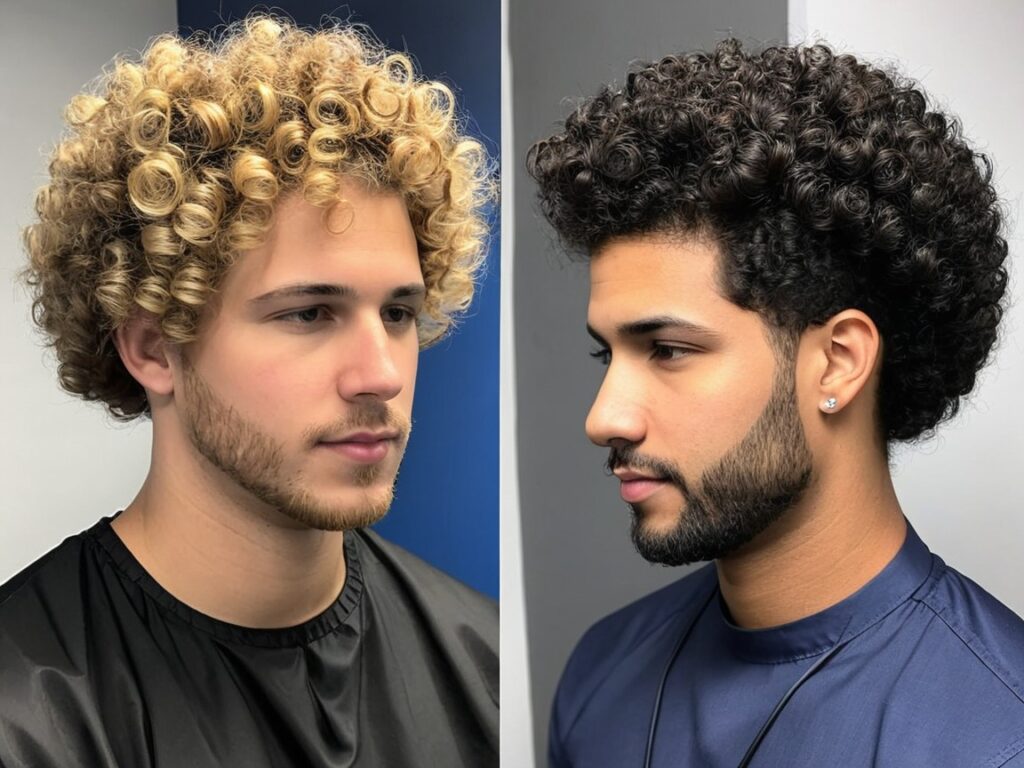 comparison of curly hair before and after taper fade styling