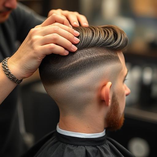 Barber trimming the top of a blowout taper haircut