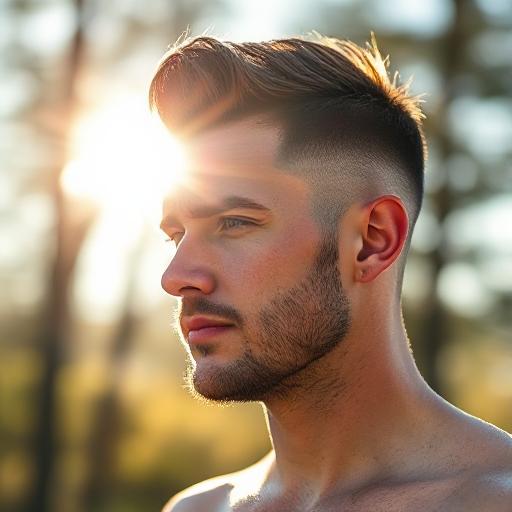Man outdoors with a low fade haircut, sunlight highlighting the fade