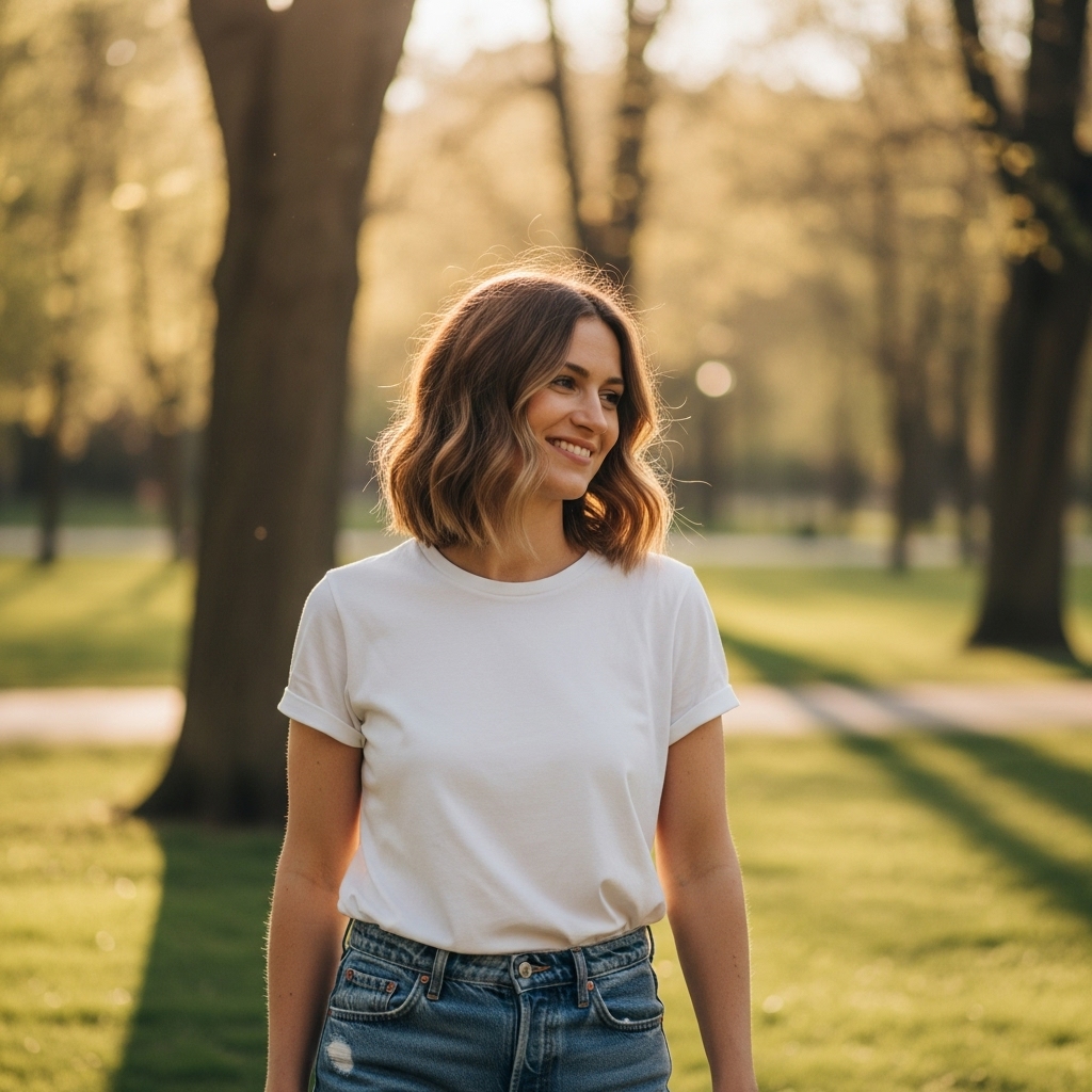 Woman with shoulder-length wavy hair smiling casually outdoors