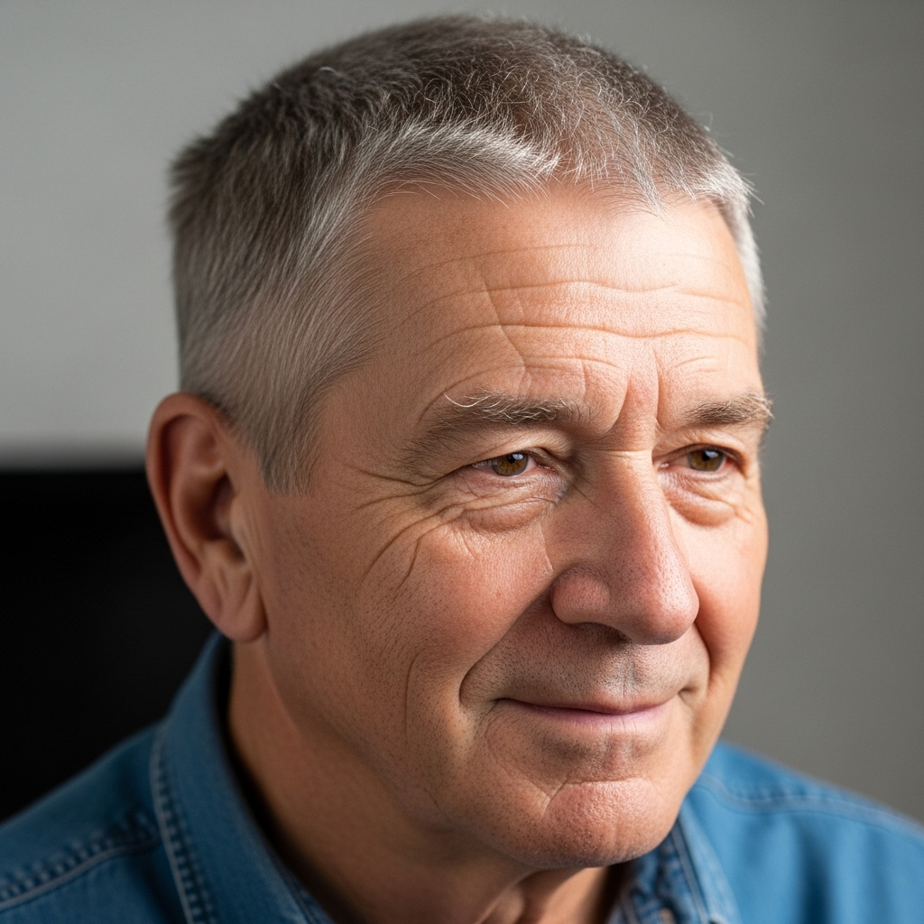 A crew cut without a fade on an old man