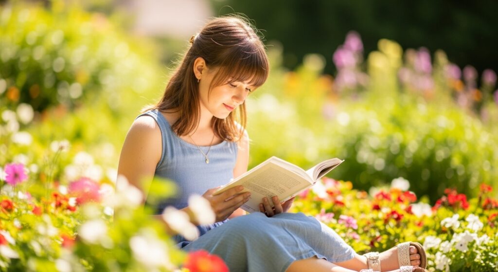 : A child with bangs and the middle-length haircut reads the book.