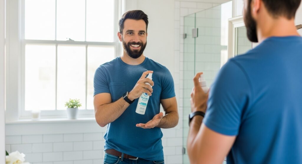 A man using sea salt spray to get naturally textured and voluminous hair.