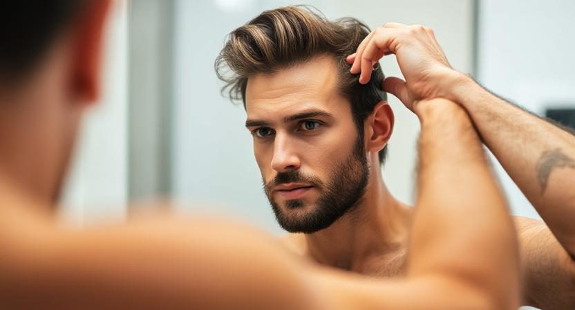 Cascade of straight hair slicked back with low taper sides