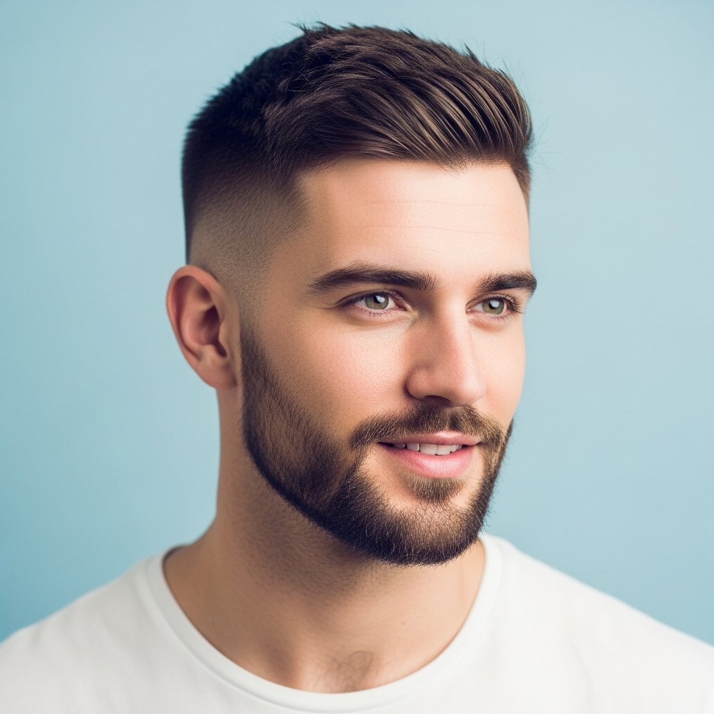 A modern crew cut with fade and short beard