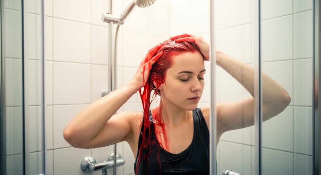 Rinsing honey blonde dye out of home shower.