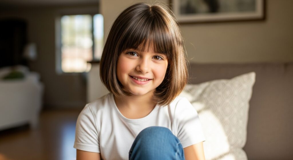 A little girl has a shoulder-length hairdo and fringes.