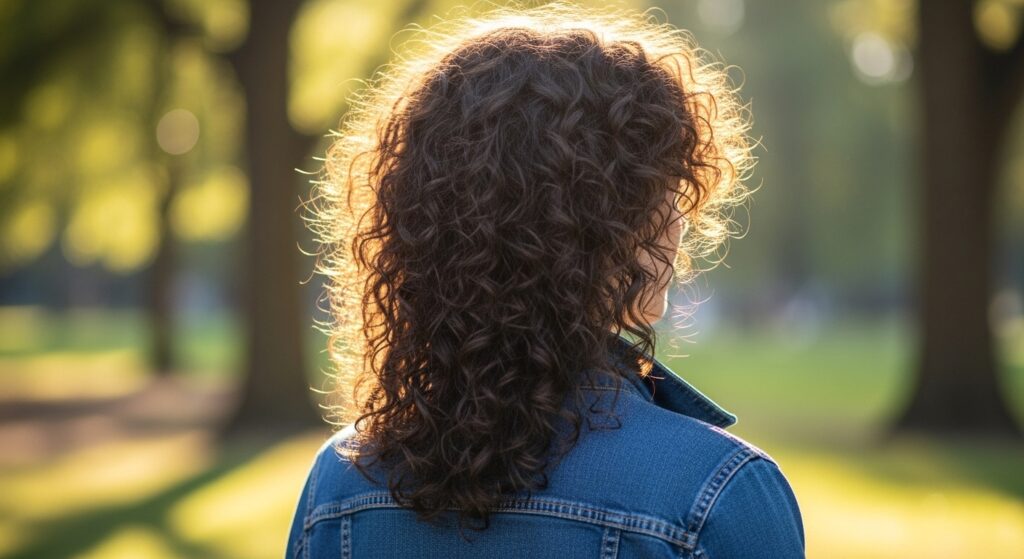 Back view of a curly mullet with volume