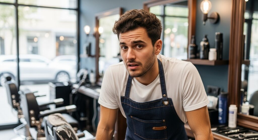 : Barber reacts to unclear haircut instructions.