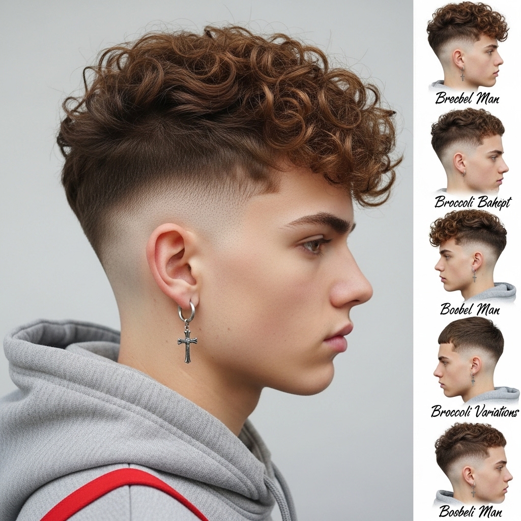Broccoli haircut variations on a men's barbershop poster.