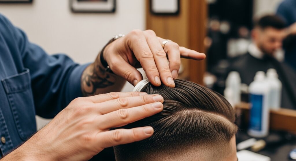 A men's barber in a stylish salon giving a gentleman a fade haircut.