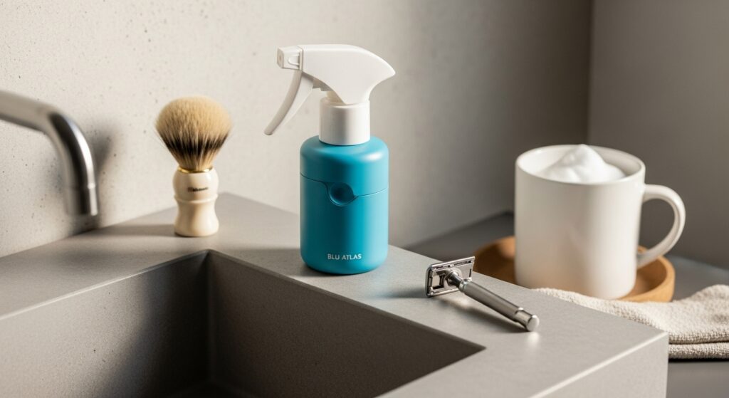 Blu Atlas sea salt spray bottle on a man's bathroom counter.