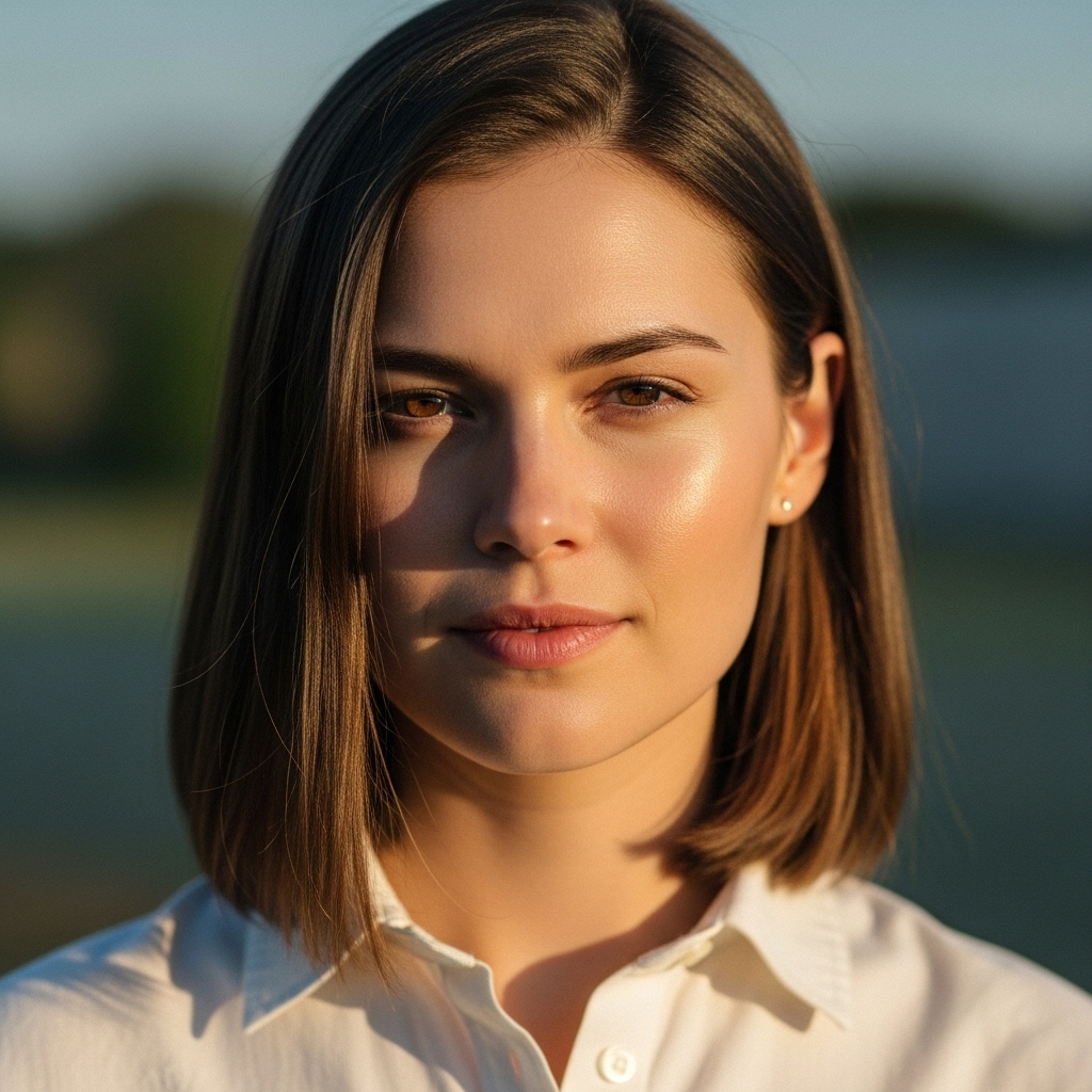 Oval face girl, medium-length hair, and wearing a small smile