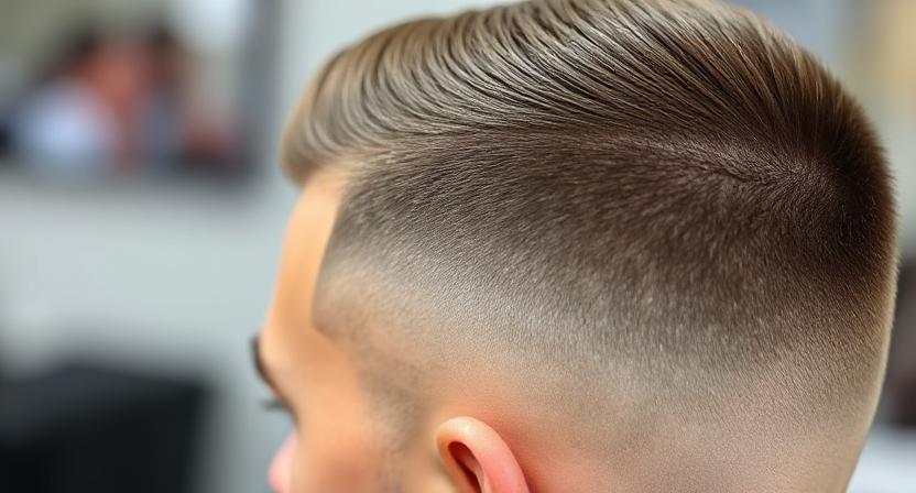Crew cut taper on straight hair with clean sides.